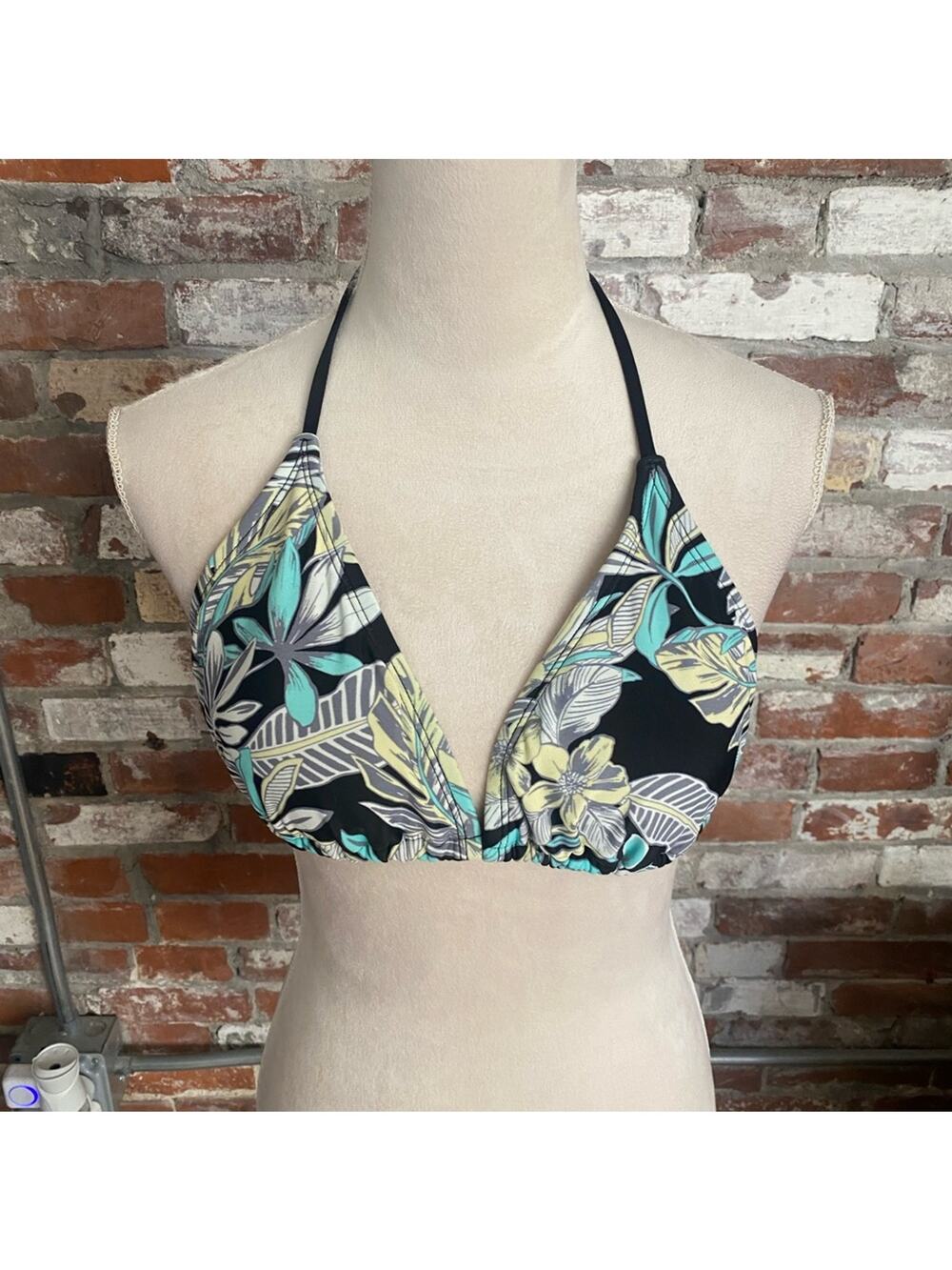 Tropical Floral Halter String Bikini Top -Black  Blue and Yellow Size M